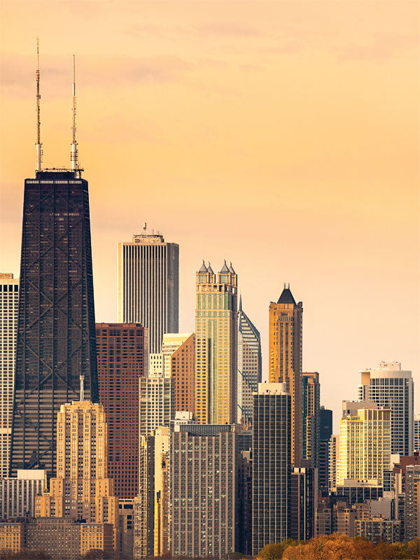 Chicago Skyline Photography Backdrop - Photography backdrop featuring the Chicago skyline at golden hour, perfect for modern, urban-themed photoshoots.