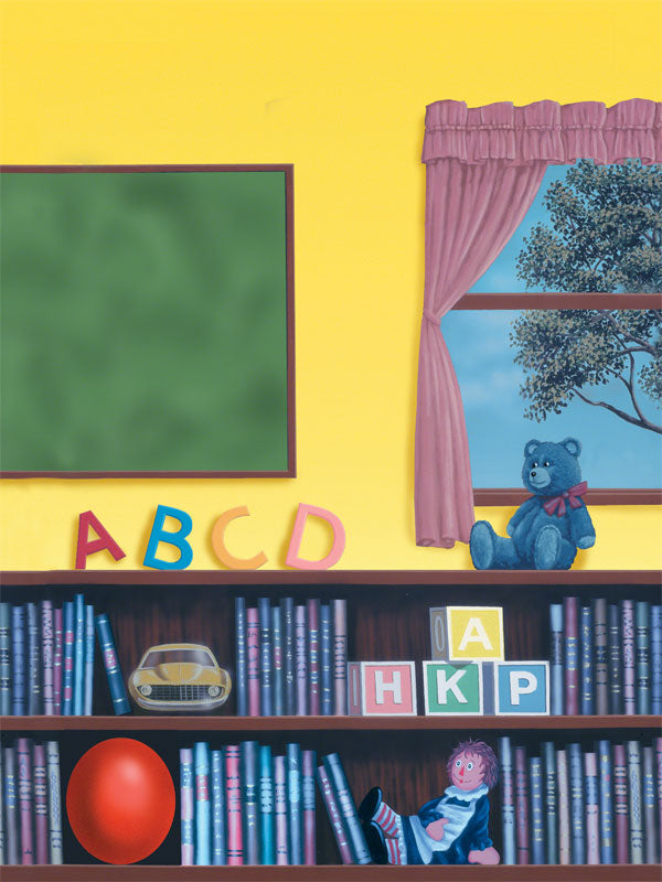Whimsical children’s room photography backdrop with bookshelves, toys, and soft lighting, ideal for themed portrait sessions.