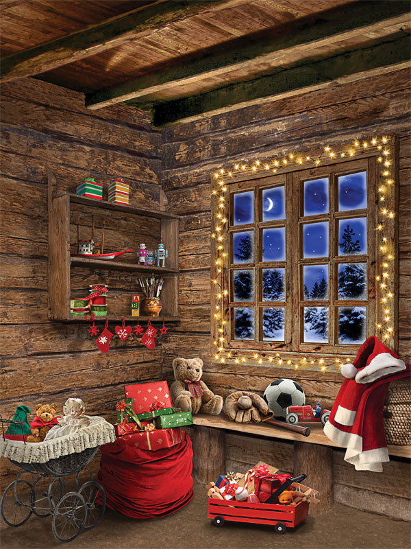 Christmas Cabin Photography Backdrop - A cozy Christmas cabin-themed photography backdrop featuring rustic wood, festive holiday decor, and a glowing window with a snowy night scene.