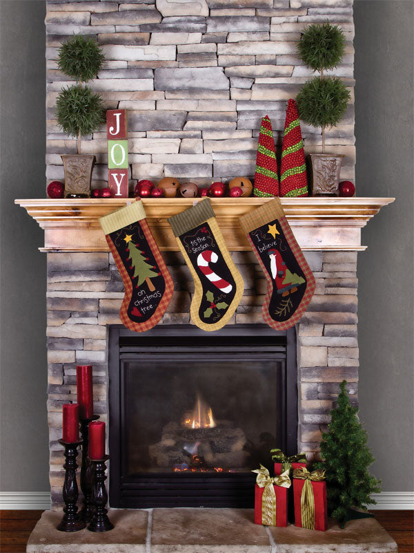 Christmas Fireplace and Stocking Photography Backdrop - Cozy stone fireplace with Christmas stockings, holiday décor, and a warm fire, perfect for festive photography backdrops.