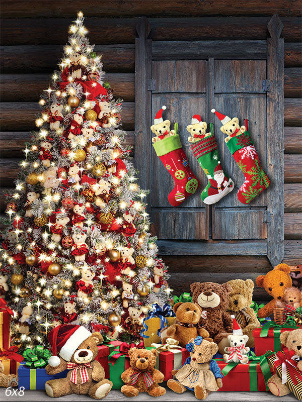 Christmas Teddy Bear Wonderland Photography Backdrop - Festive photography backdrop with a Christmas tree adorned with teddy bears, gifts, and stockings, creating a whimsical holiday scene.