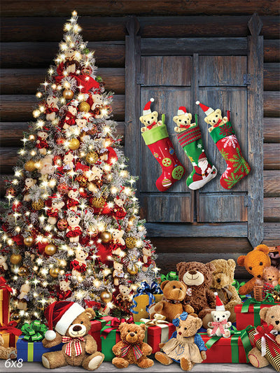 Christmas Teddy Bear Wonderland Photography Backdrop - Festive photography backdrop with a Christmas tree adorned with teddy bears, gifts, and stockings, creating a whimsical holiday scene.