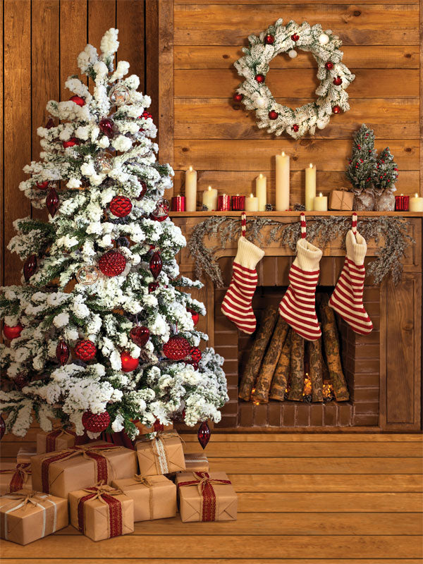 Christmas Tree and Fireplace Photography Backdrop - A holiday-themed photography backdrop featuring a Christmas tree, fireplace, stockings, and gifts, perfect for festive family portraits.