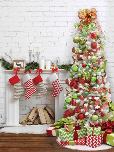 Christmas Tree and Stocking Fireplace Photography Backdrop - A photography backdrop featuring a fully decorated Christmas tree, stockings on a white fireplace, and festive holiday presents.