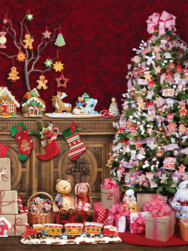 Christmas Wonderland Photography Backdrop - A festive Christmas Wonderland Photography Backdrop with a decorated tree, stockings, gifts, and toys, perfect for holiday-themed photoshoots.