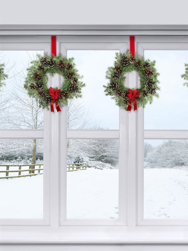 Christmas Wreath Window Winter Scene Photography Backdrop - Photography backdrop featuring a window with festive holiday wreaths and a snowy winter landscape outside.