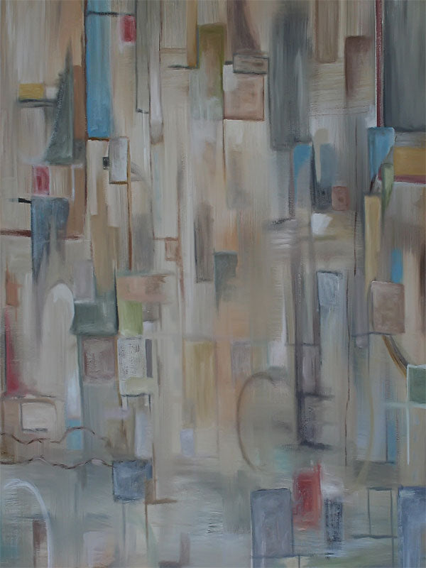 Urban abstract backdrop with muted rectangles in beige, slate blue, and taupe tones.