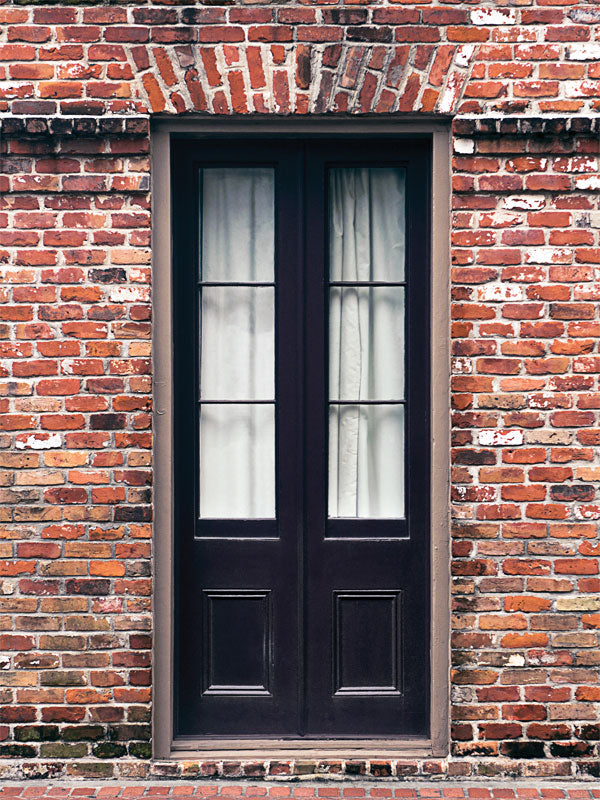 Classic Brick Wall and Door Photography Backdrop - Classic brick wall and door photography backdrop, available in multiple materials and sizes for versatile photoshoot use.