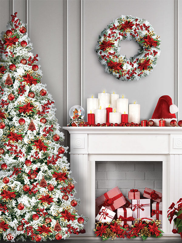 Classic Christmas Tree and Mantle Photography Backdrop - A classic Christmas photography backdrop featuring a decorated tree, festive wreath, and a mantle with candles and gift boxes.