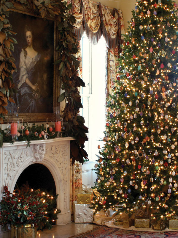 Classic Christmas Tree with Fireplace Photography Backdrop - A classic holiday scene with a tall Christmas tree, fireplace, and glowing lights, perfect for festive photoshoots.