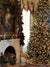 Classic Christmas Tree with Fireplace Photography Backdrop - A classic holiday scene with a tall Christmas tree, fireplace, and glowing lights, perfect for festive photoshoots.