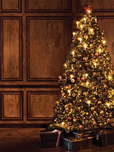 Classic Christmas Tree with Gifts Photography Backdrop - Photography backdrop featuring a classic Christmas tree with glowing lights and presents, set in a vintage wood-paneled room.