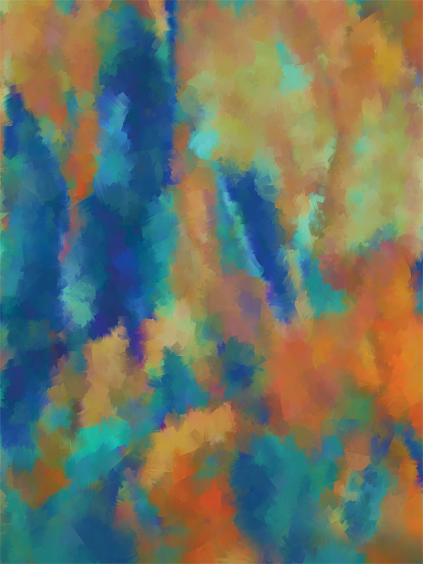 Artistic studio backdrop with blended teal, orange, and blue brushstrokes.