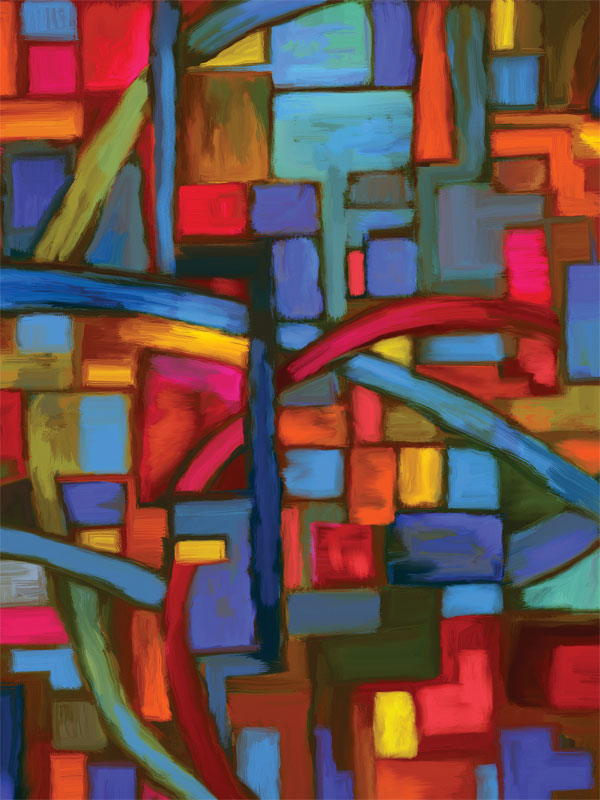 Abstract backdrop with colorful squares and bold brushstroke curves in red and blue.