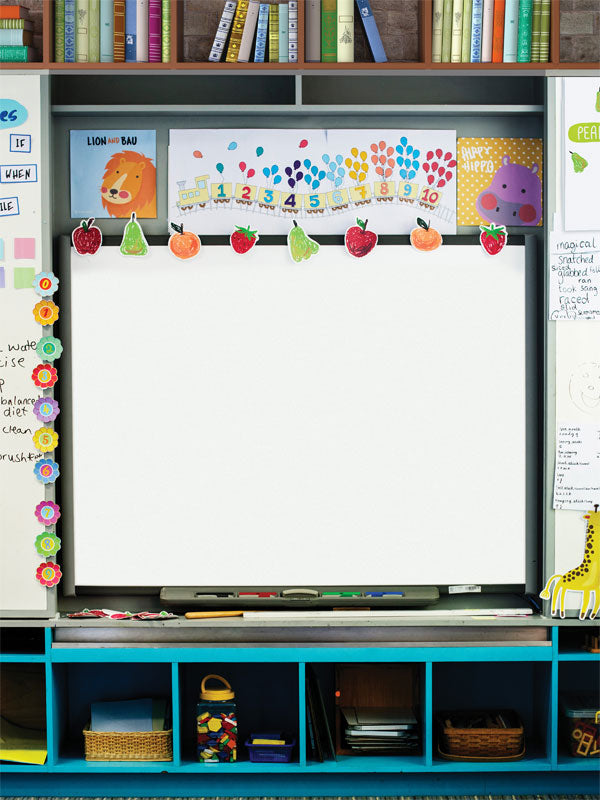 Colorful Classroom Whiteboard Photography Backdrop - Classroom-themed photography backdrop featuring a whiteboard with colorful educational elements.