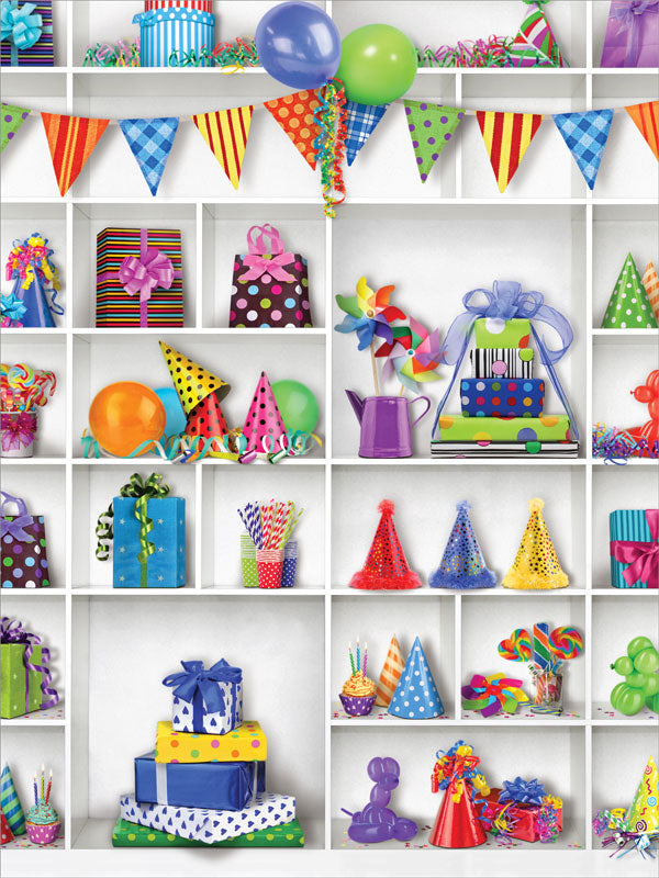 Colorful Party Decorations Photography Backdrop - A colorful photography backdrop featuring party decorations like balloons, gifts, party hats, and streamers, perfect for celebratory photoshoots.