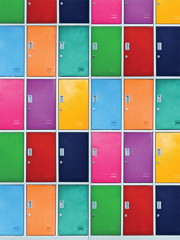 Colorful School Lockers Photography Backdrop - Bright, colorful school lockers backdrop for photography, perfect for school-themed or playful photoshoots.