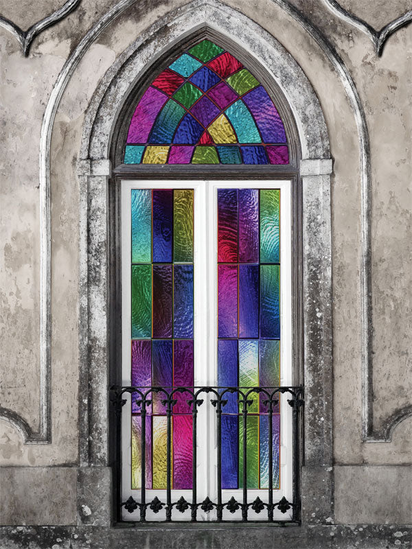 Colorful Stained Glass Window Photography Backdrop - Photography backdrop featuring a colorful stained glass window in a rustic stone frame, perfect for historical or creative photoshoots.