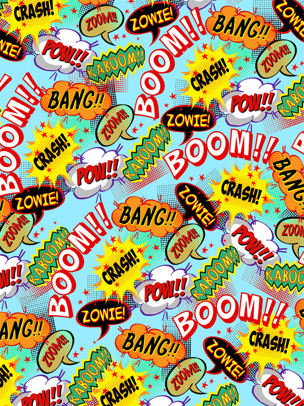 Comic Book Action Word Explosion Photography Backdrop - A comic book-themed photography backdrop filled with bright action words like "Boom," "Pow," and "Crash" in colorful, bold fonts.