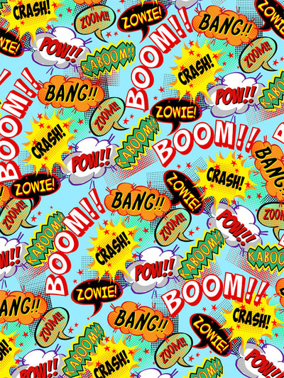 Comic Book Action Word Explosion Photography Backdrop - A comic book-themed photography backdrop filled with bright action words like "Boom," "Pow," and "Crash" in colorful, bold fonts.