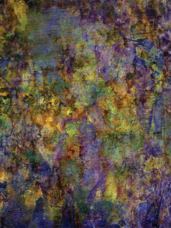 Bold abstract backdrop with layered textures in purple, green, yellow, and deep blue.