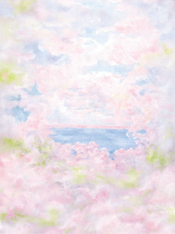 A dreamy pastel photography backdrop featuring soft pink, blue, and white clouds, ideal for ethereal and whimsical portrait sessions.