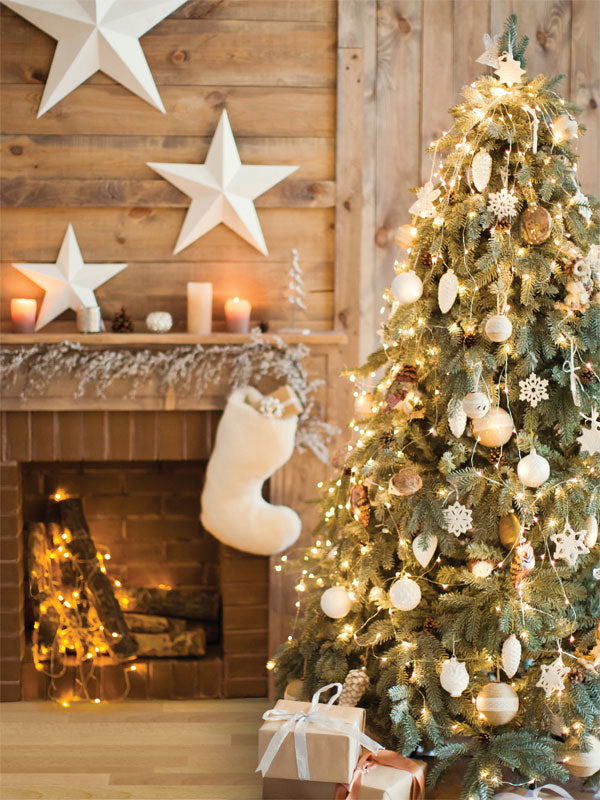 Cozy Christmas Fireplace Photography Backdrop - Cozy Christmas photography backdrop featuring a decorated tree, fireplace, and holiday décor, perfect for family portraits.