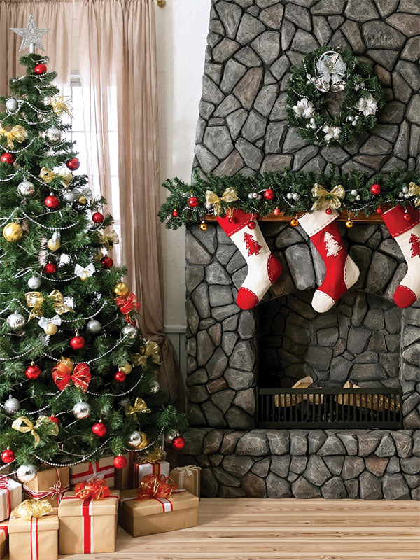 Cozy Christmas Hearth Photography Backdrop - Photography backdrop featuring a festive Christmas living room scene with a stone fireplace, Christmas tree, and stockings.