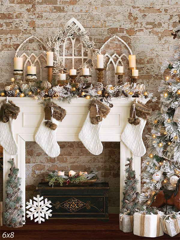 Cozy Christmas Mantelpiece Photography Backdrop - Christmas-themed mantelpiece with stockings, garlands, and candles against a rustic brick wall backdrop.