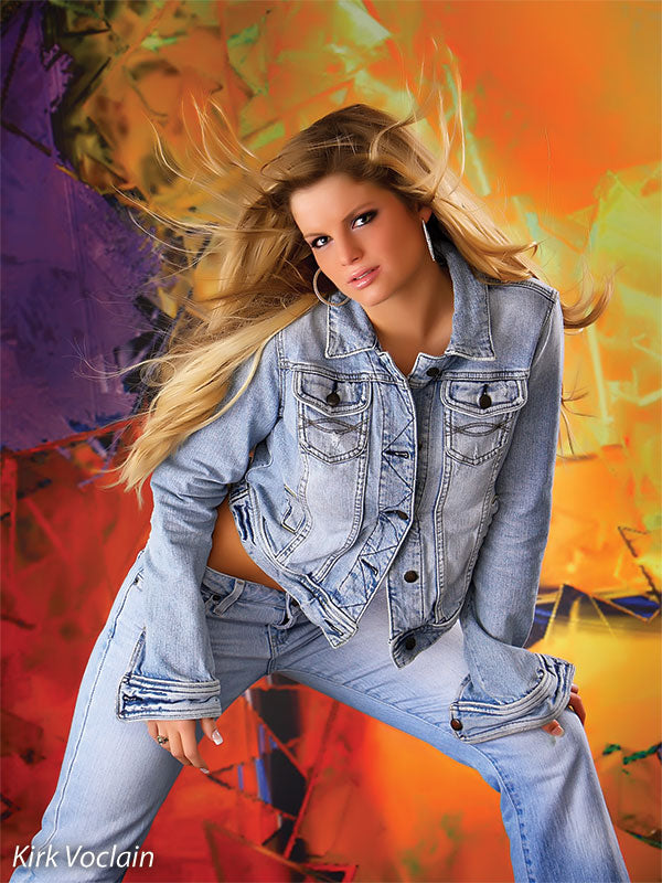 Backdrop resembling a cracked surface filled with vibrant, layered brushstrokes.