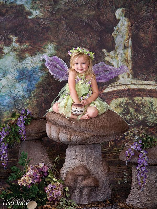 Antique-style backdrop with a classical statue and rich, aged finish.