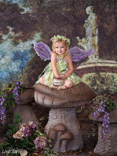 Antique-style backdrop with a classical statue and rich, aged finish.
