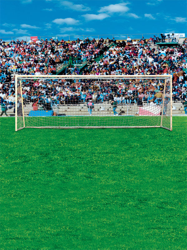 A vivid photography backdrop of a soccer goal set against a full stadium of cheering fans and green turf.