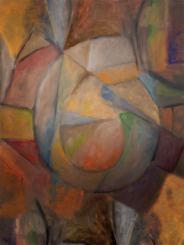 Abstract cubist-style backdrop with earthy tones and geometric shapes in a painterly texture.