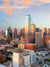 Dallas Skyline at Sunrise Photography Backdrop - Dallas skyline photography backdrop featuring sunrise with warm hues of orange, pink, and blue. Perfect for urban-themed photoshoots.