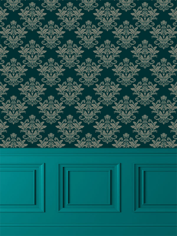 Damask Panel Photography Backdrop - Elegant damask pattern and teal paneled photography backdrop for formal photoshoots.