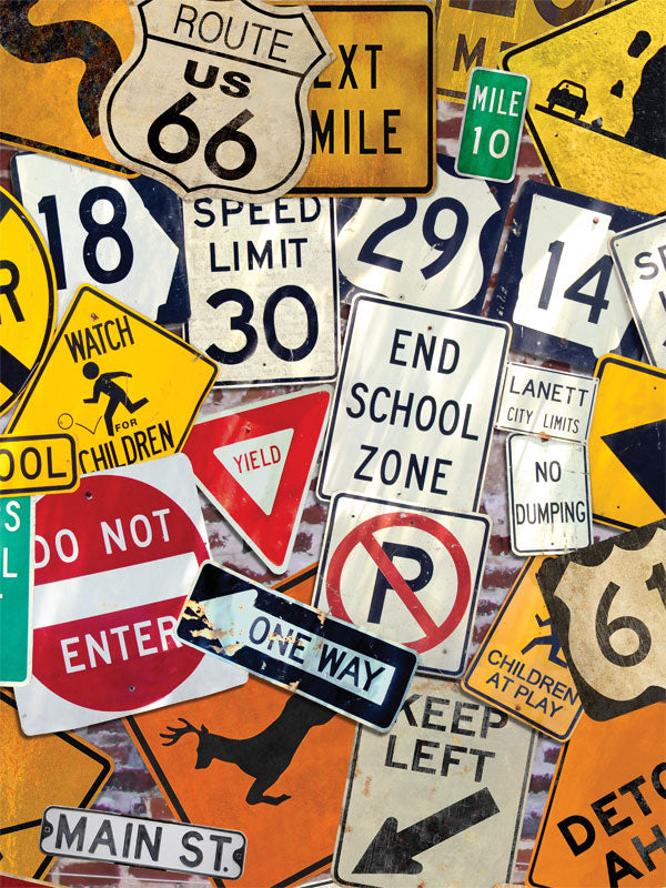 Collage of vintage road signs featuring Route 66, speed limits, warning signs, and street names, perfect for creative photography.
