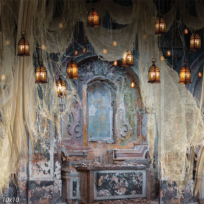 Decayed vintage ornate wall backdrop featuring faded frescoes, peeling paint, and intricate carvings, creating a hauntingly beautiful aesthetic.