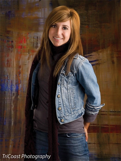 Structured abstract strokes in blue, rust, and black tones.