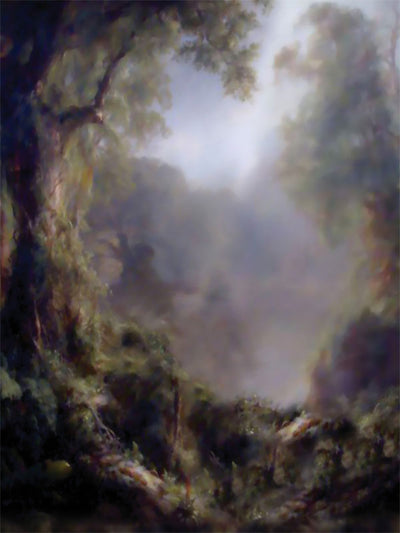 Hand-painted looking forest scene with mist and soft natural light.