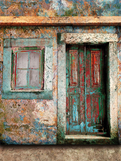 Distressed wall with peeling paint and patina-rich surface for editorial work.