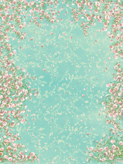 Delicate Floral Aqua & Pink Photography Backdrop - Delicate floral aqua and pink photography backdrop with blooming roses framing the edges, perfect for professional photography.