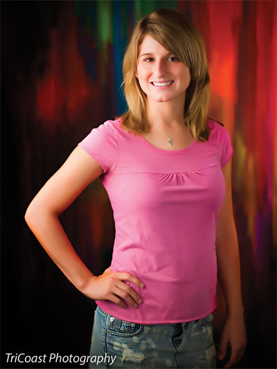 Abstract expressionist-style background with dynamic brush marks.