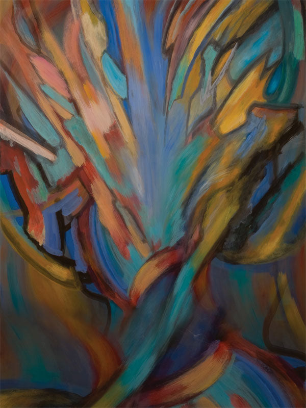 Painterly abstract backdrop with swirling strokes in deep blue, orange, and teal.