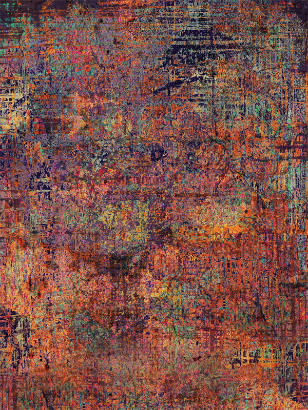 Fragmented digital-texture backdrop with layered warm tones and deep shadows.