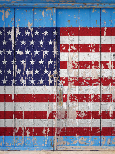 Distressed American Flag Photography Backdrop - Distressed American flag backdrop painted on weathered wood, ideal for patriotic and rustic-themed photoshoots.