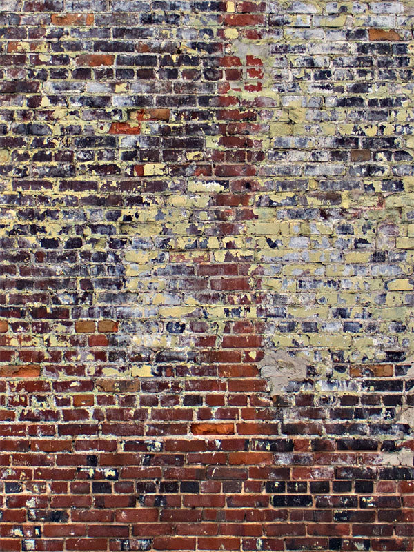 Distressed Urban Brick Wall Photography Backdrop - Distressed brick wall photography backdrop with peeling paint, perfect for urban and vintage-themed photoshoots.