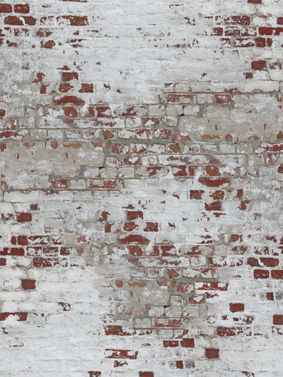 Distressed White Brick Wall Photography Backdrop - Distressed white brick wall photography backdrop with exposed red bricks, perfect for rustic or industrial-themed photoshoots.