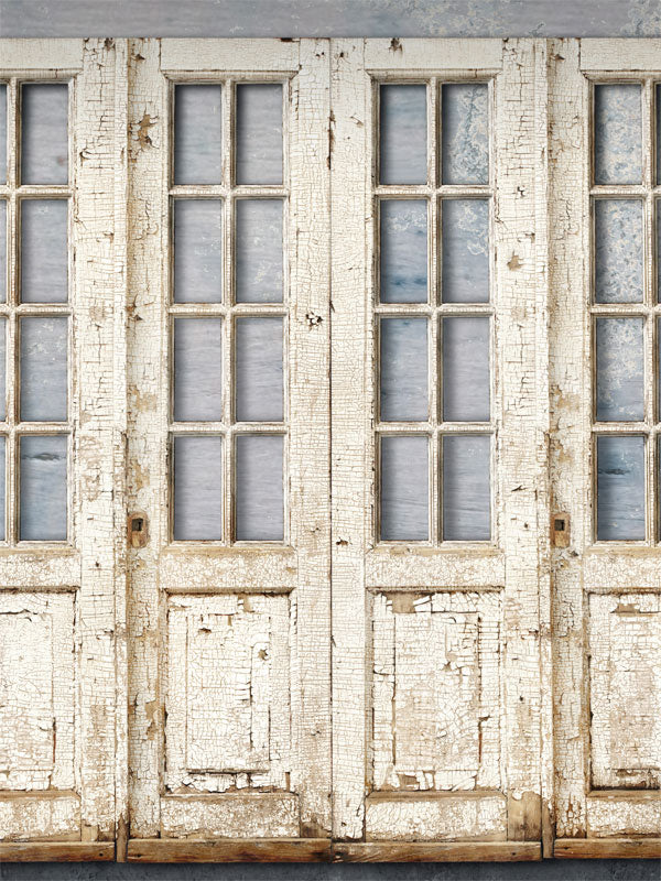 Distressed Wooden Door Photography Backdrop - Distressed wooden door photography backdrop with peeling white paint and faded glass panes, perfect for rustic-themed and vintage photography.