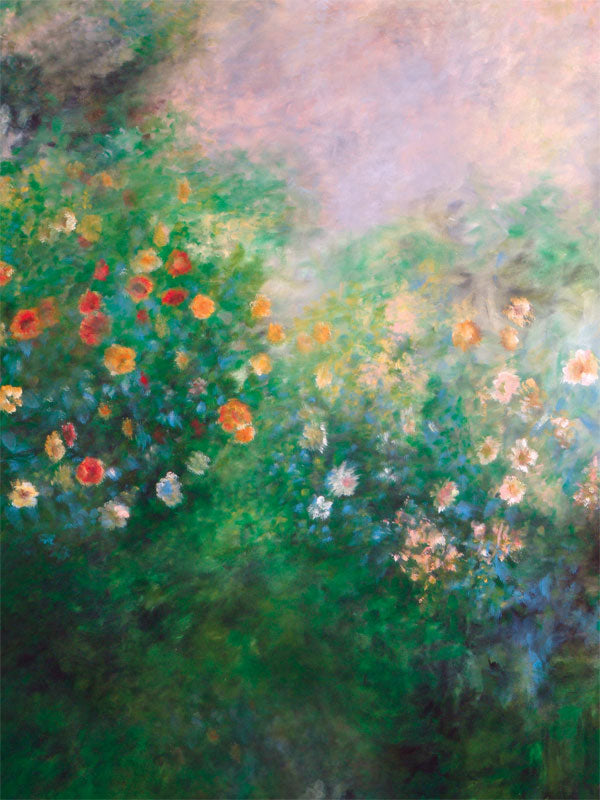 A painterly floral garden photography backdrop with soft-focus blooms, lush greenery, and an impressionist-inspired design for artistic portrait sessions.